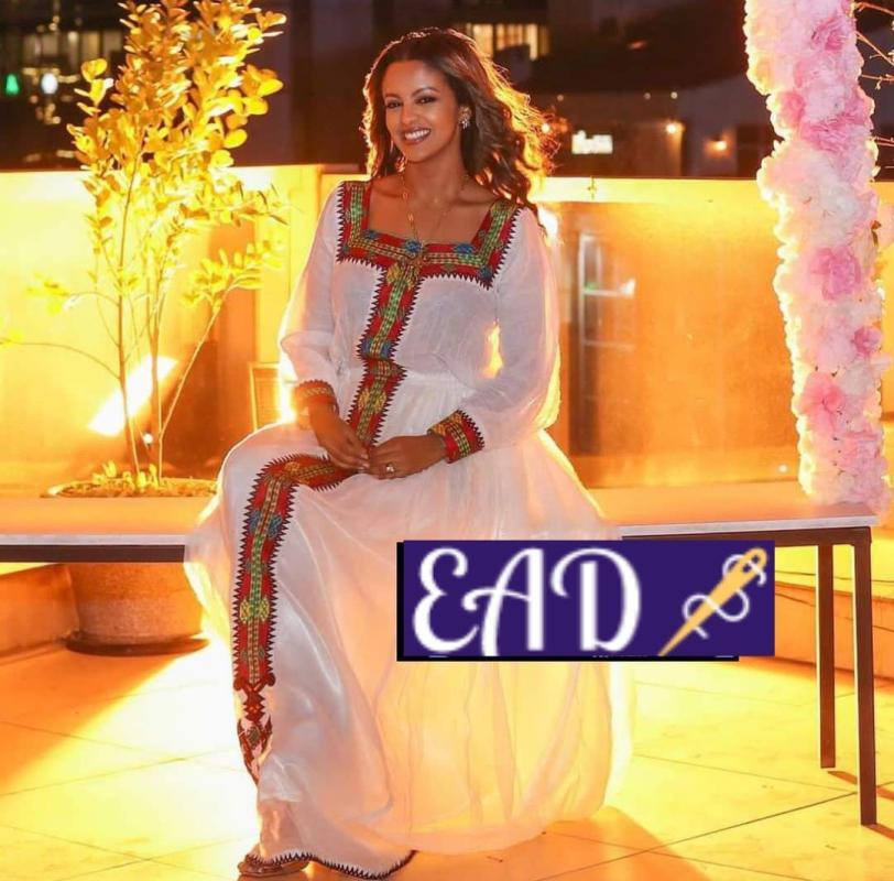 Traditional Ethiopian Habesha Kemis Dress - Handmade White Zuria with Red Borders
